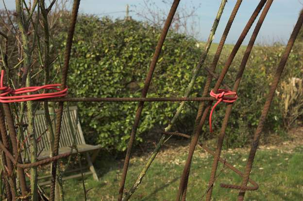 fer a beton 40 il y a le fer qui soutient les rosiers, transversalement par rapport à l'axe de l'allée, il est renforcé par des fers eux aussi courbés, placés parallèlement à...