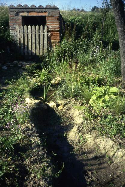 1987 07 Partant de la source, on creuse un petit ruisseau, afin d'avoir une idée de ce que nous pourrions faire pour ce coin.