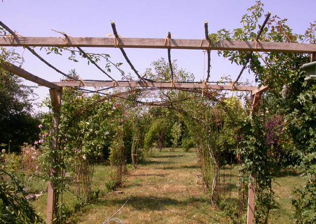 2004 1 Nous ferons des entrecroisements avec les bambous et toujours le fer à béton. Nous construisons une petite pergola en bois pour faire une entrée solide.