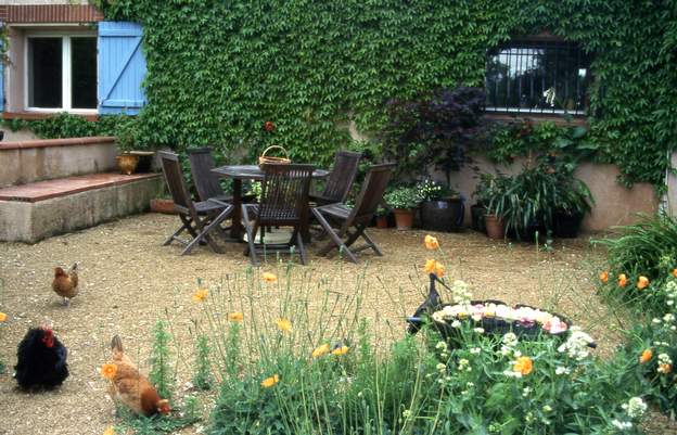 2002 06 Les murs sont maintenant bien habillés de vigne vierge. En été, un bassin avec des fleurs sa vue rafraîchit ! c'est bien le but.